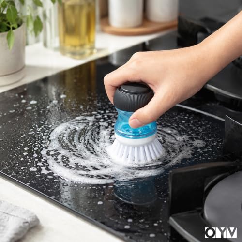 OYV Soap Dispensing Palm Brush, 1-Pack Dish Scrub Brush, Black/Clear/White | Dish Brush with Soap Dispenser, Non-Scratch Nylon Bristles, For Dishes, Pots, Pans And Sinks - color: Black/Clear/White