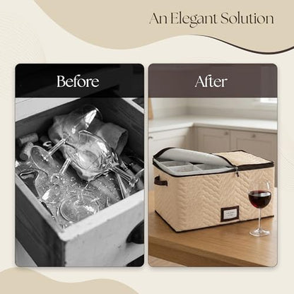 Wine Glass Storage Box with Dividers, Holds 12 Glasses up to 4.25" Wide | 2 Pack, Stemware Storage Case, Protects Fine China, Durable Quilted Microfiber, Carry Handles, Ideal for Red Wine Glass - size: Red Wine Glass, style: 2 Pack