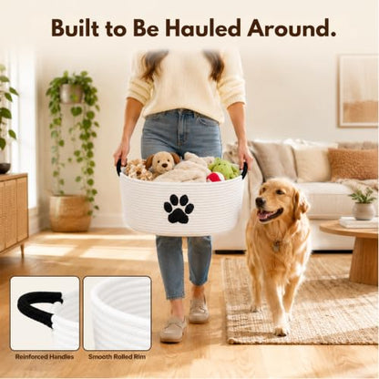 Dog Toy Basket with Handles, Cotton Rope Storage Bin Organizer for Pets | Holds toys, blankets, leashes & dog stuff. Machine washable, collapsible, free-standing woven bin with embroidered paw. - color: White/Black