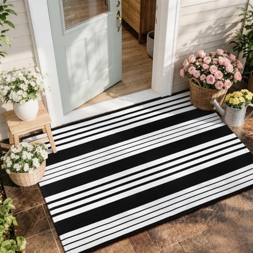 Front Door Mats 27.5"x43" Black and White Outdoor Rugs Porch Decor | Cotton Woven Front Door Rug Striped Area Rug Machine Washable Layered Doormats for Farmhouse/Kitchen/Entryway/Patio Decor - color: Black/White Stripe, size: 2'4" x 3'7" (Rectangular)