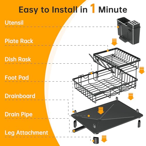 2 Tier Large Detachable Dish Drying Rack for Kitchen Counter,Black | Compact Drying Rack Kitchen, Rust-Resistant Dish Drainer Organizer, Space-Saving Dish Racks with Drainboard, Utensil Holder - color: 2 Tier-black
