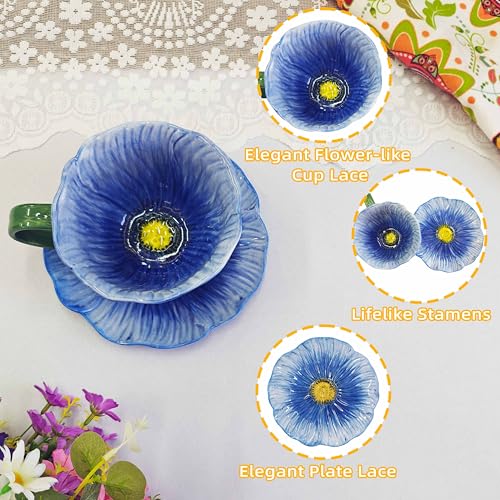 10 oz Tea Cups and Saucers, Ceramic Flower-shaped Cappuccino Cup, Latte Cup and Saucer set, elegant floral Espresso Cup set, Suitable for microwave and dishwasher-Blue - color: Blue