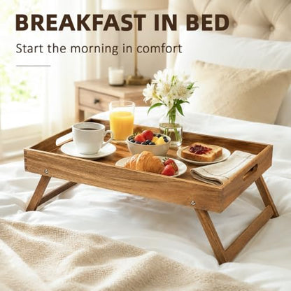 Solidith Acacia Wooden Breakfast Tray, Bed Tray with Folding Legs | Extra Large Serving Tray with Handles for Food and Snack,Laptop Desk for Working,Reading,Eating,TV Table