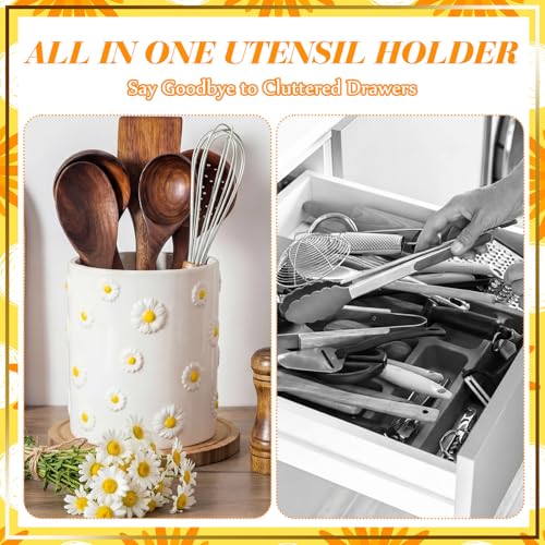 LemonRoad Daisy Utensil Holder for Kitchen Counter,Ceramic Cooking Utensil Crock Modern Farmhouse Countertop Organizer for Spatula Ladle Kitchen Counter Decor - style: Daisy