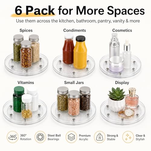 6 Pack 6 inch Small Lazy Susan, Lazy Susan Turntable Organizer, 360 Degree Round Rotating Tray for Spice Rack, Bathroom Vanity, Kitchen Cabinet and Countertop Storage - size: 6 Inch