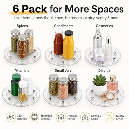 6 Pack 6 inch Small Lazy Susan, Lazy Susan Turntable Organizer, 360 Degree Round Rotating Tray for Spice Rack, Bathroom Vanity, Kitchen Cabinet and Countertop Storage - size: 6 Inch