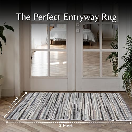 Chindi Kitchen Rug 2x3 Feet - Charcoal | Cotton Small Throw Rugs for Bathroom, Easy Care Grey Hand Woven Mat - color: Charcoal, size: 2 x 3 feet