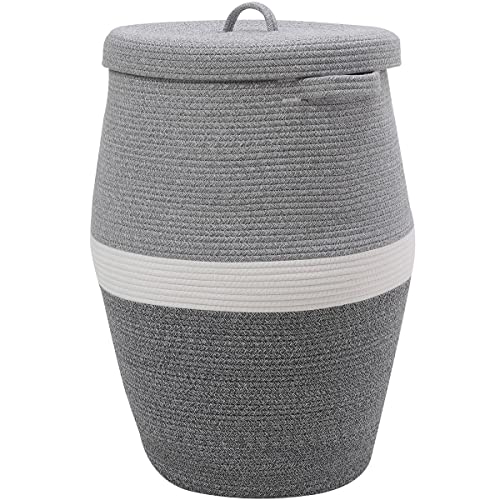 26"x20" Extra Large Tall Woven Laundry Basket with Lid, Cotton Rope Blanket Storage Basket, Freestanding Decorative Bin for Bedroom Living Room, Dual Grey - color: Dual Grey, size: 26"x20"