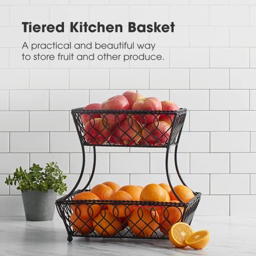 Gourmet Basics by Mikasa Loop and Lattice 2-Tier Rectangular Metal Countertop Basket, 14.25 x 12 Inches, Antique Black Finish, Kitchen Fruit and Bread Storage Organizer - style: Basket