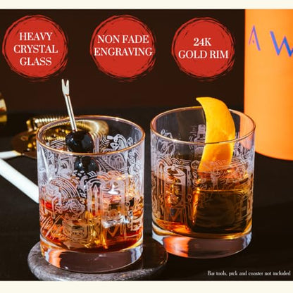 AWAZ Whiskey Glasses – Set of 2, Engraved with Whiskey-Making Process, 24k Gold Rim – 11oz Scotch, Bourbon Glass