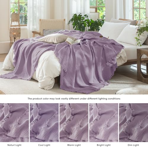 MooMee 100% Cotton Muslin Blanket, Fringed 4-Layer Gauze Bed Couch Throw | Soft Breathable Lightweight Thin Coverlet Summer Blankets for Adults, Bed & Couch All Seasons, Light Purple, 50" x 60" - color: Light Purple, size: Throw