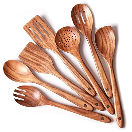 Gudamaye 13 inch Long Wooden Utensils for Cooking, Long Handle Wooden Spoons for Cooking, 7 PCES Crafting Wooden Spoon Set, Wooden Kitchen Utensil set, Natural Teak Wooden utensil Set - size: 7 PCS Long Handle