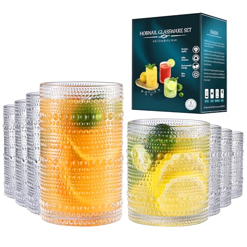 ISMASOAN Vintage Hobnail Drinking Glasses Set of 8, 14oz &12oz Cocktail Cup | Beaded glassware with vintage bubble texture. Highball cups for kitchen use, whiskey, juice, water, beer and daily drinks - style: Dewdrop Surface