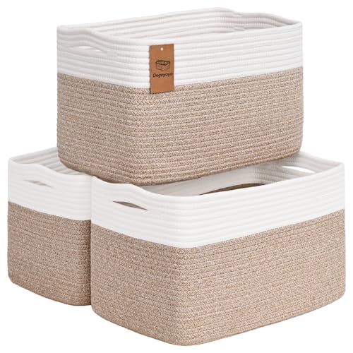 Baskets for Organizing,Storage Baskets,3 Pack Baskets for Shelfves,15"×10"×9" Woven Basket,toy storage bins,bins for organization - color: White&Brown