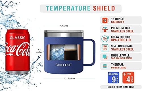 CHILLOUT LIFE 16 oz (Set of 2) Stainless Steel Vacuum Insulated Coffee Mug with Handle and Lid, Large Thermal Camping Coffee Mugs with Sliding Lid for Men & Women - color: Navy Blue, size: 16 Ounces - 2 Pack