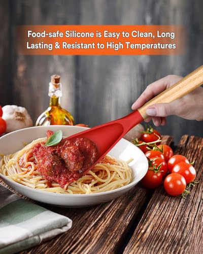 Multifunction Spoon for Nonstick Cookwares, Great for Cooking and Serving, Sturdy BPA-Free Matte Silicone, Wood Handle spoonula for Mixing, Scoop, and Scrape, Red(2 pack,11.4" & 13.4") - color: Red