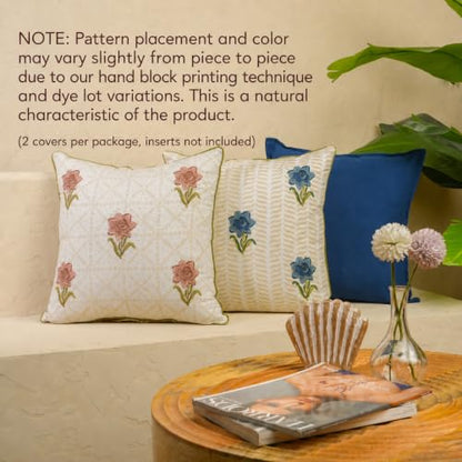 JBH Hand Block Print Reversible Throw Pillow Covers 18x18 Inch Set of 2 – Handmade Cotton Throw Pillow Cases (Dusty Pink, Green, Cream, 18x18Inch) - color: Dusty Pink, Green, Cream