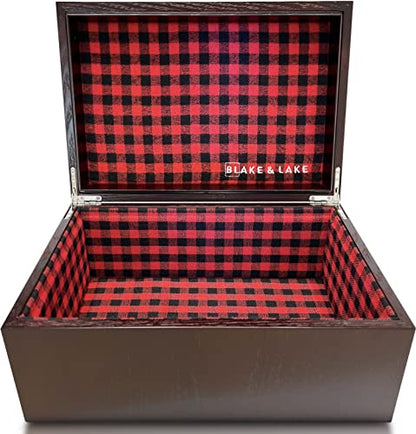 Blake & Lake Large Oak Wooden Keepsake Box - Storage Box Lined with Buffalo Plaid - Decorative Boxes for Home (Hinge Box)