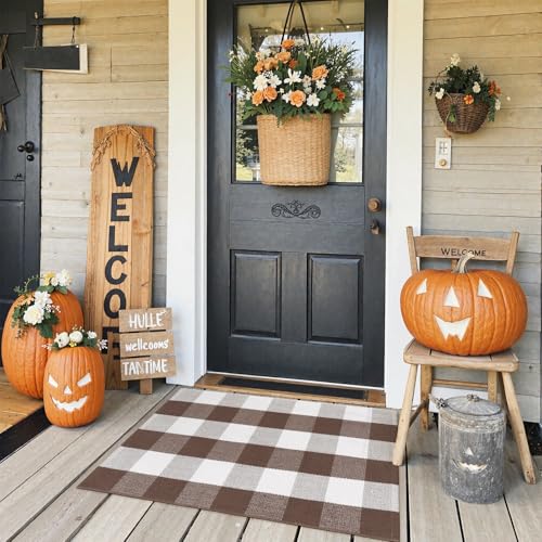 KIMODE Fall Decor Front Door Mat Buffalo Plaid Outdoor Front Porch Rug | Fall Farmhouse Checkered,Brown and White,24"x35",Washable,Cotton,Thanksgiving Layered Door Mats Outdoor Autumn Holiday Decor - color: Coffee/White, size: 2' x 3' (Rectangular)