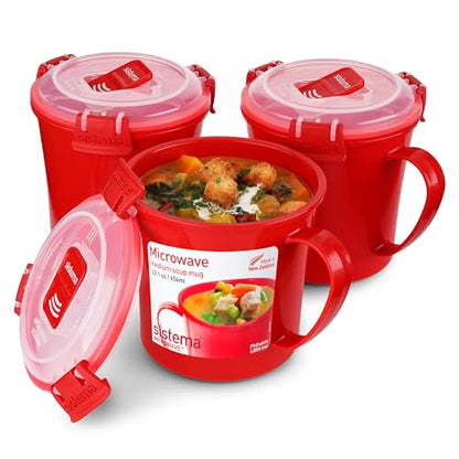 Sistema Microwave Soup Mugs | 656 ml | Microwave Food Containers with Steam Release Vents | BPA-Free | Red | 3 Count - size: 3-Pack Soup Mugs