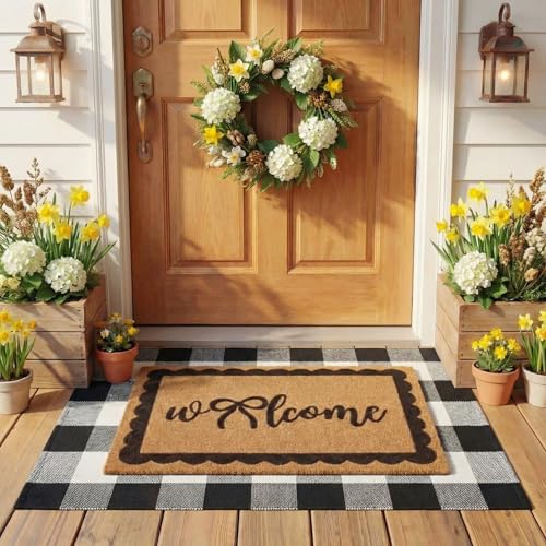 2 Pcs Bow Welcome Front Door Mats Combo Set Coco Coir Welcome Doormat 27.5''x43'' Layered Buffalo Black White Plaid Rug Extra Thick Nonslip Backing for Outdoor Porch Entryway Decor - color: Black and White