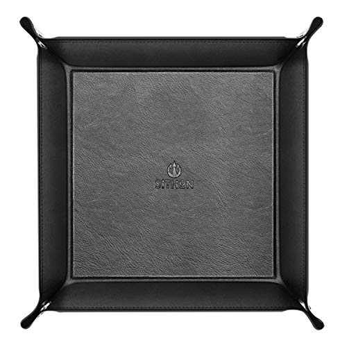 SITHON Valet Tray Desktop Storage Organizer PU Leather Catchall Tray | Bedside Nightstand Caddy Dice Holder for Keys, Phone, Wallet, Coin, Jewelry, Traveling and More, Black