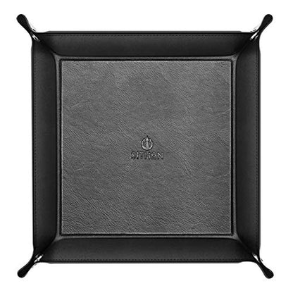 SITHON Valet Tray Desktop Storage Organizer PU Leather Catchall Tray | Bedside Nightstand Caddy Dice Holder for Keys, Phone, Wallet, Coin, Jewelry, Traveling and More, Black