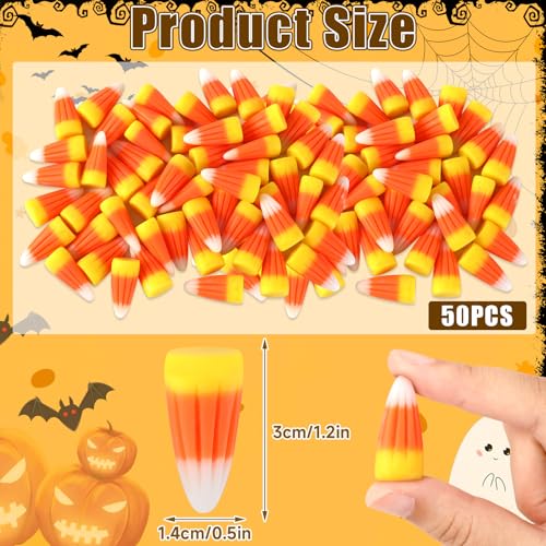 JUNEBRUSHS 50 Pcs Fake Candy Corn Resin Halloween Table Decorations | Artificial Fall Ornaments, Tiered Tray Vase Filler, Jewelry Making, Halloween Crafts - style: Candy Corn Style