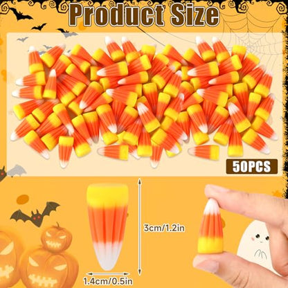 JUNEBRUSHS 50 Pcs Fake Candy Corn Resin Halloween Table Decorations | Artificial Fall Ornaments, Tiered Tray Vase Filler, Jewelry Making, Halloween Crafts - style: Candy Corn Style