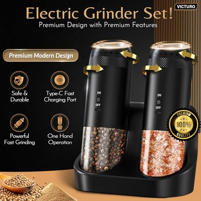 Electric Salt and Pepper Grinder Set, Automatic Refillable Salt and Pepper Grinder Set Rechargeable, One-Touch Electric Pepper Grinder, Stainless Steel Salt and Pepper Shakers Set for Kitchen