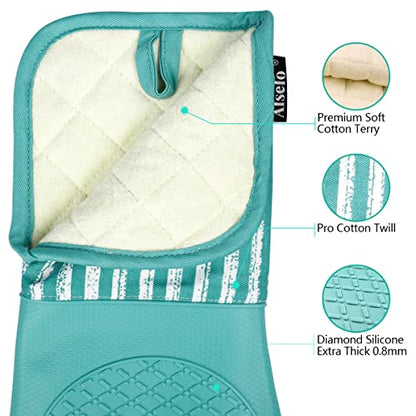Alselo Silicone Oven Mitts Heat Resistant 932℉ with Waterproof & Non-Slip | Kitchen Mittens Set of 2,Extra Long 7.5"x15" Oven Gloves with Soft Cotton Terry Lining for Baking Cooking BBQ(Green,2) - color: Green