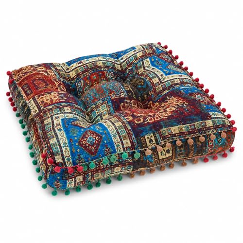 Boho Floor Cushion Seat Pillow, Thick Tufted Chair Pad with Pom Pom Trim, Cotton Linen Square Seating Cushion for Floor, Dining Chair, Reading Nook, Sofa, Office, Balcony and Living Room Decor - color: B