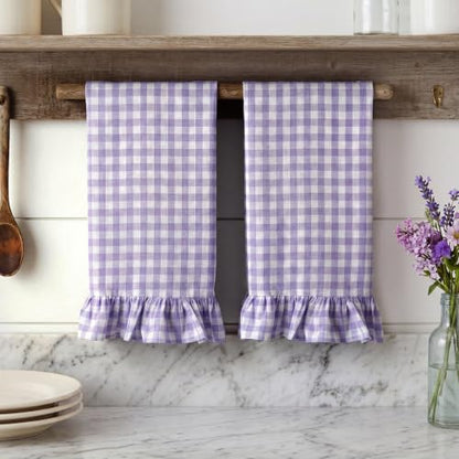 HunnmingRe Purple Kitchen Towels Set of 2, 100% Cotton Ruffled Gingham Dish Towels 18"x28" Absorbent Tea Cloths Classic Plaid Pattern for Farmhouse Charm, Drying Dishes, Entertaining Guests - color: Purple, style: Gingham
