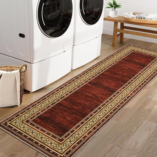 Modern Washable Runner Rug 2x6 Non Slip Bordered Solid Area Rugs, Washable Kitchen Mats Bedside Rug, Stain Resistant Soft Bathroom Carpet, Foldable Runners for Hallways, Entryways, Red | Non Slip Non Shedding Stain Resistant Neutral Textured Solid Foldabl