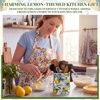 Lemon Ceramic Utensil Holder 6.3 Inch Rustic Kitchen Crock Summer Lemon Floral Design Countertop Storage Organizer for Spatula and Spoon Home Cooking Unique Gift Idea - style: Lemon