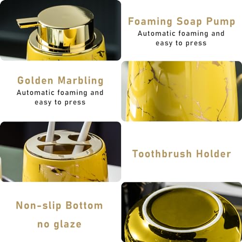 YYW Ceramic Bathroom Accessory Set, Marble Soap Dispenser Washing Set- Hand Lotion Dispenser Pump, Toothbrush Holder,Tumblers, Soap Dish-Refillable Liquid Dispenser (Yellow Four Piece)