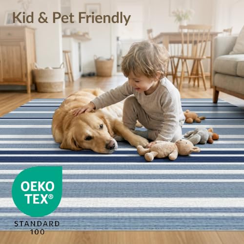 4'x6' Navy Blue Welcome Layered Beachy Front Washable Area Rug | Striped Nautical Design with Balanced Bands for Bedroom, Reading Nook, Pet Friendly & Non-Shedding - color: Blue White/Pattern 3, size: 4' x 6' (Rectangular)