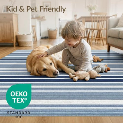 4'x6' Navy Blue Welcome Layered Beachy Front Washable Area Rug | Striped Nautical Design with Balanced Bands for Bedroom, Reading Nook, Pet Friendly & Non-Shedding - color: Blue White/Pattern 3, size: 4' x 6' (Rectangular)