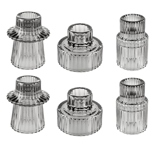 Glass Candlestick Holders, Taper Candle Holders, Set of 6, Gray | Double-sided ribbed glass taper candle holders for wedding centerpieces, parties, Christmas,Halloween, and home deco - color: Gray, size: 6 PCS