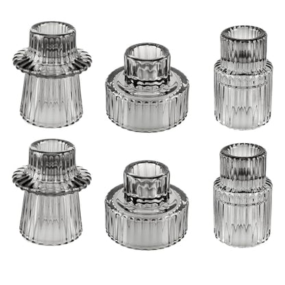 Glass Candlestick Holders, Taper Candle Holders, Set of 6, Gray | Double-sided ribbed glass taper candle holders for wedding centerpieces, parties, Christmas,Halloween, and home deco - color: Gray, size: 6 PCS