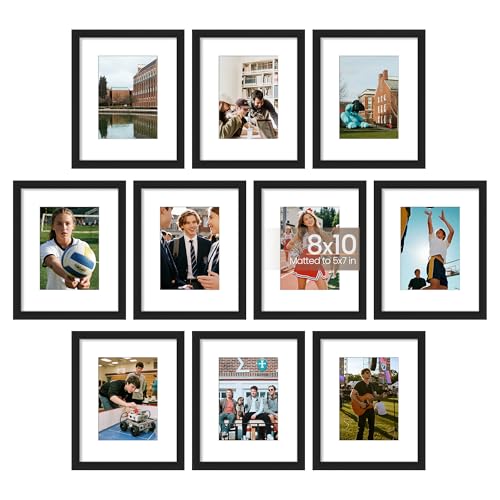 upsimples 8x10 Picture Frame Set of 10, Display Pictures 5x7 with Mat or 8x10 Without, Multi Photo Frames Collage for Wall or Tabletop Display, Black | Fit 5x7 and 8 x 10 Photos, Wall or Tabletop Display, For Gallery Hallway Living Room, For Christmas - c