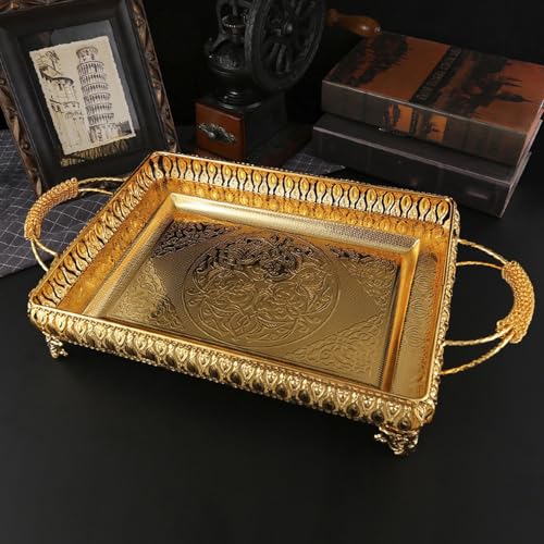 Decorative Serving Tray, Gold European Style Metal Serving Tray with Handles, Coffee Tea Beverage Serving Rectangle Tray, Cake Platter Serving Trays Food Platter Jewelry Tray