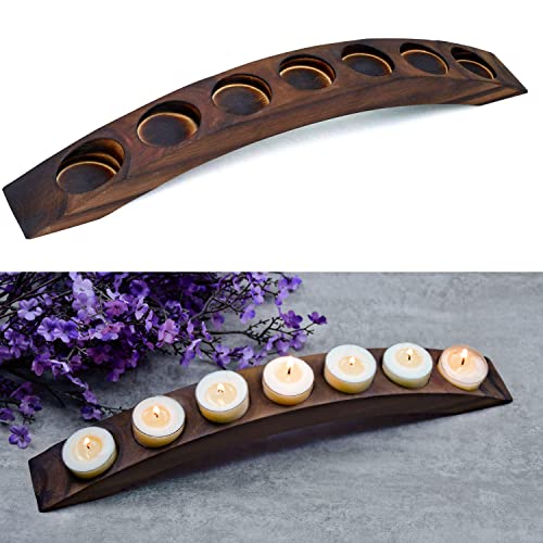 Long Wooden Bridge Tealight Candle Holder, 7 Holes - Candle Centerpieces for Tables - Rustic Wooden Color | Long style candle holder; Ideal table centerpiece, Rustic decor suitable for narrow windows and small spaces - color: Rustic Wooden Color