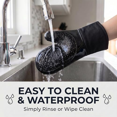 Silicone Oven Mitts 2-Pack, 13.5"x7.28" Heat Resistant 500°F, Non-Slip BPA-Free with Soft Cotton Lining, Kitchen Gloves for Baking, Cooking, BBQ & Grilling (Black) - color: Black