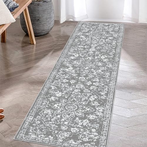 Pauwer Vintage Floral 2x8 Runner Rug, Non Slip Hallway Rug Runner, Grey | Machine Washable, Faux Wool, Low-Pile, Non-Shedding, Soft Distressed Floor Carpet For Entryway, Laundry, Bedroom, Kitchen - color: Vintage Grey, size: 2' x 8' (Runner)
