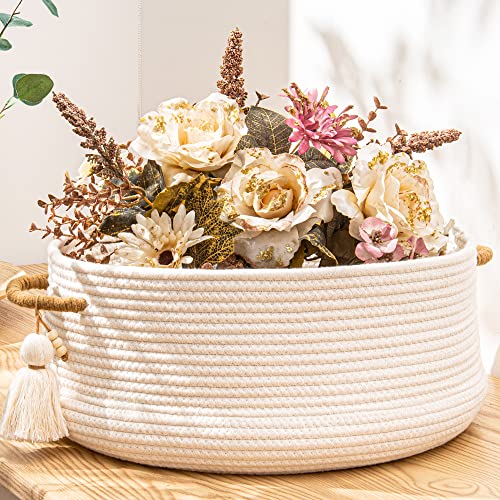 KAKAMAY Woven Baskets for Storage(16"x8"),Blanket Basket for Organizing Living Room,Cotton Rope Basket Woven Baby Laundry Hamper,Collapsible Laundry Room Organization,Clothes,Toy Chest(White) - color: White