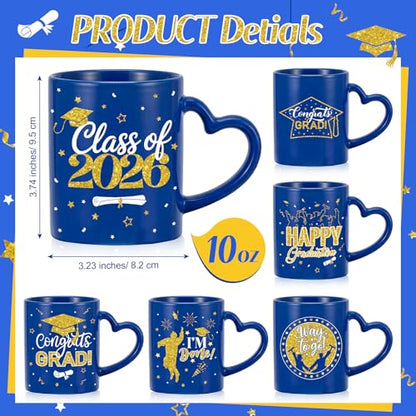 Pickmesh Graduation Coffee Mug Set of 6, 10oz Ceramic Coffee Cups with Heart-Shaped Handles, Navy Blue and Gold Class of 2026, Congrats Grad, Bulk Graduation Gifts for Party Favors - color: Blue, style: Graduation