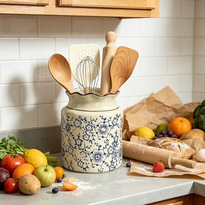 Kitchen Utensil Holder, Chinoiserie Floral Blue-and-White Porcelain Ceramic Utensil Crock – Blue Flower Storage Organizer Container for Home Kitchen Countertop