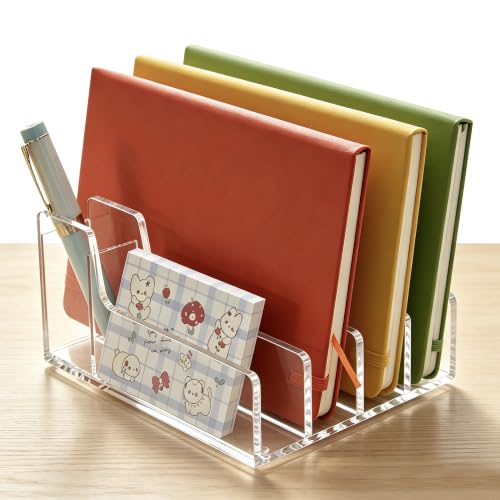 Acrylic Mail Organizer for Desk, 5 Compartments Letter Sorter with Pen Holder, Clear Desktop File Folder & Notebook Holder, Cute Office Supplies Organizer for Home Office School - size: 5 Compartments with Pen Holder - A