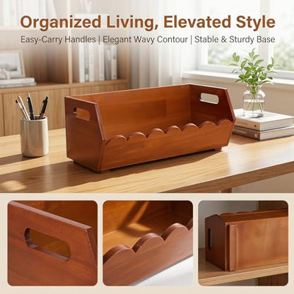 FUOYLOO Wood Pantry Storage Bin Rustic Wooden Basket with Ergonomic Handles and Open Front Design Flat Bottom Kitchen Organizer for Bread and Vegetables for Countertop and Living Room